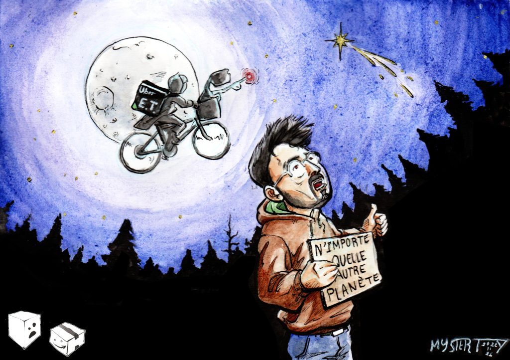 Dessin d'illustration par Myster Ty, encre et aquarelle.
En plein milieu d'une forêt de conifères, de nuit, mon personnage fait du stop en levant les yeux au ciel pour "n'importe quelle autre planète". Derrière lui, passant devant la lune pleine, Elliot, livreur Uber E.T fait une livraison, E.T dans le porte bagage