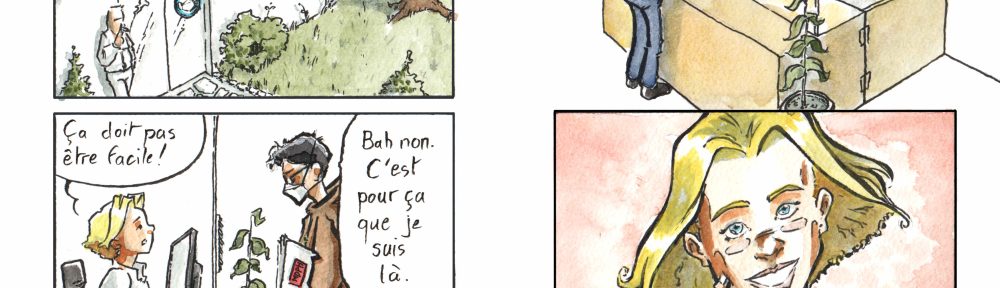 Planches de BD par Myster Ty, aquarelle et encre. Page 1 Case 1 Plan d'ensemble d'une MDPH. Un homme fume devant l'entrée. Un panneau indique toujours le port du masque obligatoire. à l'intérieur, quelqu'un parle : "Holàlà… Et c'est l'alarme incendie qui vous a réveillé ?" Case 2 Secrétaire, jeune, blonde, dans les canons , installé de son côté de l'hygiaphone, sans masque : "ça doit pas être facile !" mon personnage, debout, mon dossier MDPH sous le bras, avec un FFP2 : "Bah non. C'est pour ça que je suis là." Case 3 Secrétaire, souriante, gros plan : "Et vous faites bien : nous sommes là pour vous aider." Page 2 Case 1, borderless, plan d'ensemble, l'hygiaphone est une farce, une simple vitre en plexiglasse. Mon personnage : "Ha ? Heu… Merci ?" Secrétaire : "N'empêche, je sais pas comment vous faites. Moi, à votre place…" Case 2 secrétaire, de face, un grand sourire, l'air d'un ange, sur fond rose extra doux : "… Je me couperais les veines plutôt que de vivre comme ça…"